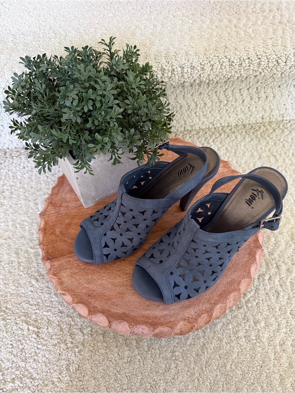 Dusty Blue Laser-Cut Peep-Toe Slingback Heel Shoes.